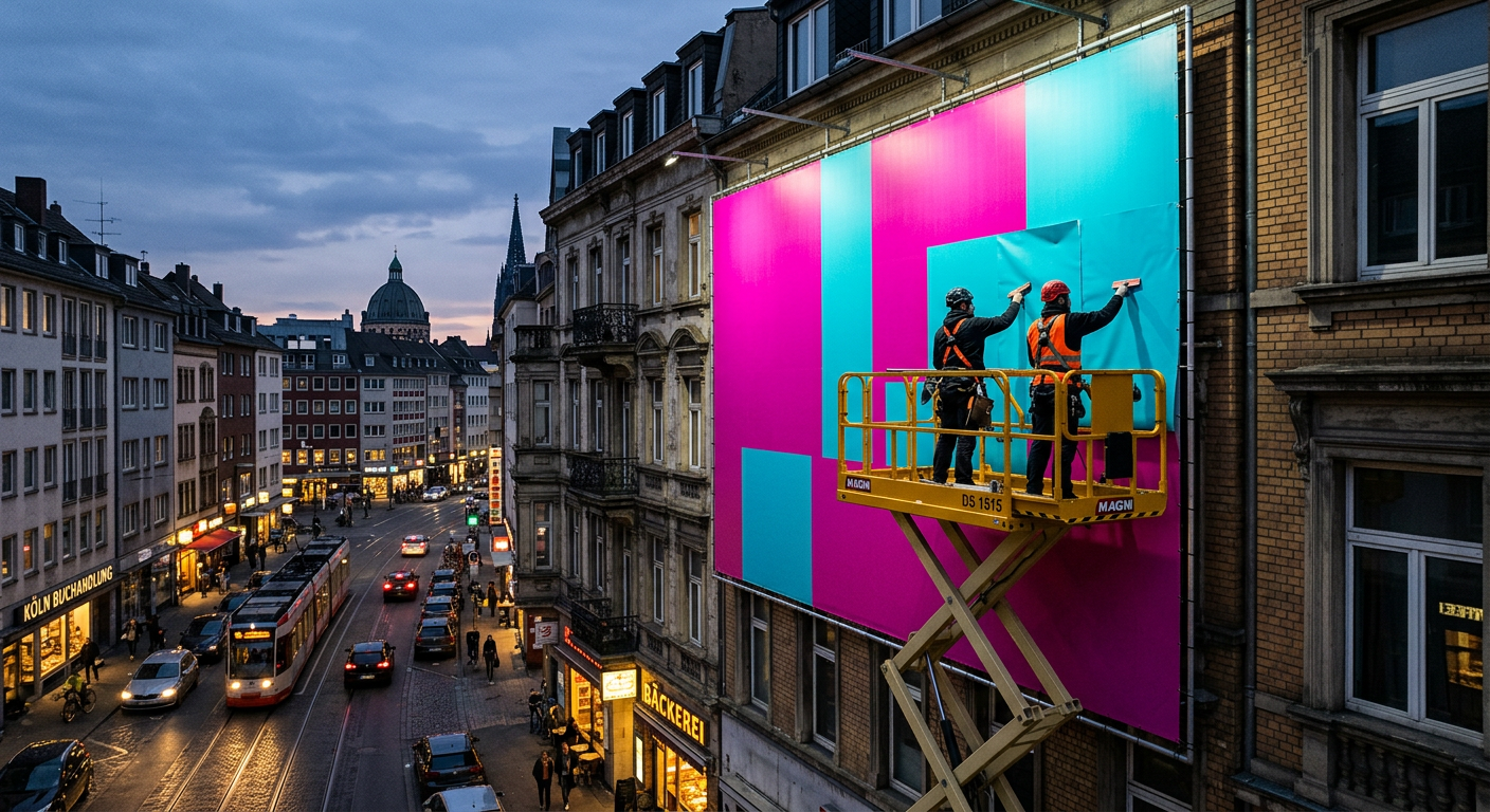 Montage eines großflächigen Werbeplakats an einer Hausfassade in der Abenddämmerung