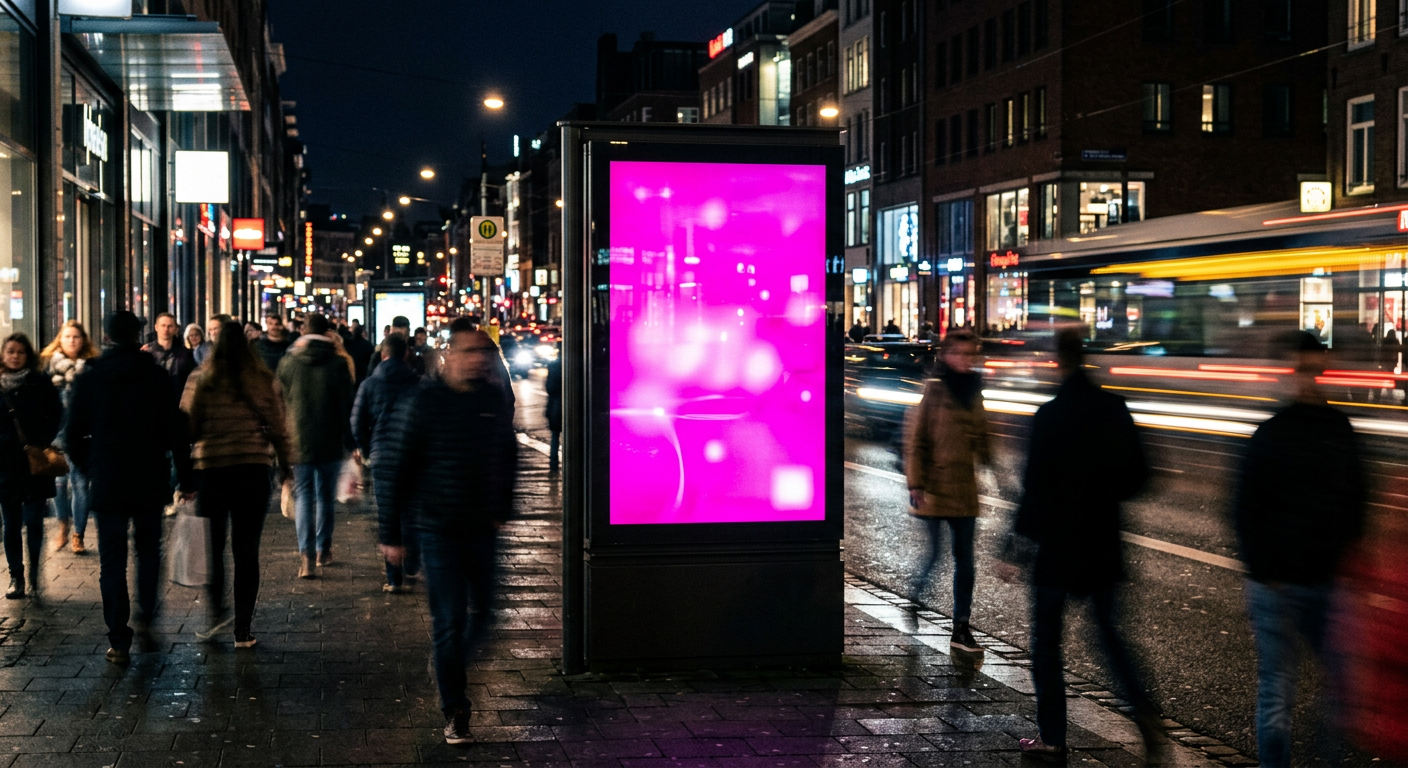 Beleuchtete Werbesäule an einer belebten Straße bei Nacht